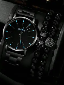 Men's Business Fashion Round Dial Analog Quartz Watch, with Crown Bead Bracelet Set, Fashion Watch for Party, Daily Decor, Trendy All-match & Exquisite Watch for Gift, Modern Fashionable Wristwatch