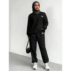 Women's Solid Patched Drop Shoulder Sweatshirt & Elastic Waist Pants Two-piece Set, Casual Fashion Cozy Round Neck Long Sleeve Pullover & Trousers for Daily Wear, Ladies Two-piece Outfits for Fall & Winter