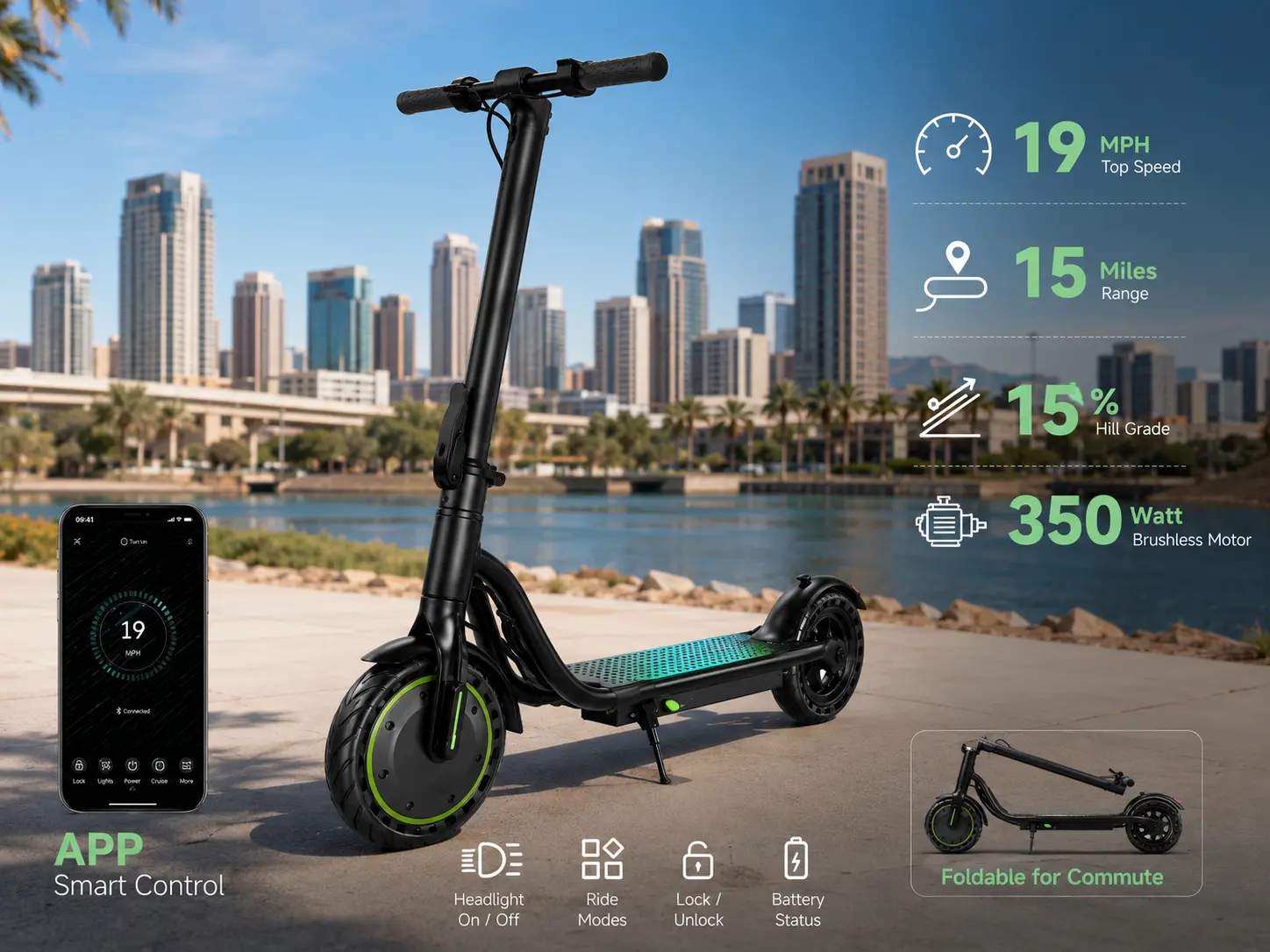 SummerWins Foldable Electric Scooter for Adults - 350W Brushless Motor, 19MPH Max Speed, 15 Mi Range, 15% Hill Climbing, Smart LED Display, Bluetooth APP Control, Portable Commuter E-Scooter for Teens