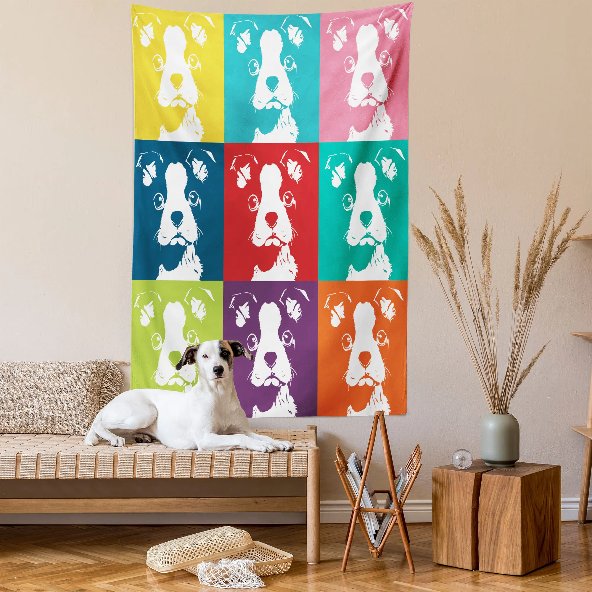 Boston Terrier Tapestry, Colorful Pop Art Inspired Composition of Dog Portraits House Pet Pattern, Wall Hanging for Bedroom Living Room Dorm Decor, 40" X 60", Multicolor