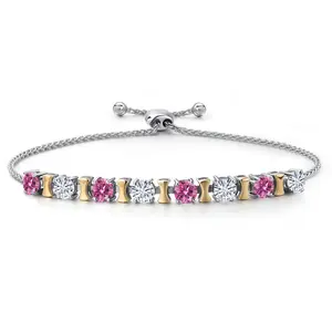 Gem Stone King 2-Tone Birthstone Bracelet for Women | 925 Silver 10K Yellow Gold | 4MM Gemstones and Moissanite | Adjustable Up to 9 Inch | Jewelry Gift for Mom Wife