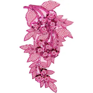 1pc Large Flower Rhinestone Applique Hot Pink Embroidery Sequin Patches for Clothes Beaded Lace Applique for Wedding Bridal Dress Bodice Hat Sewing Craft for Girl Embellishment