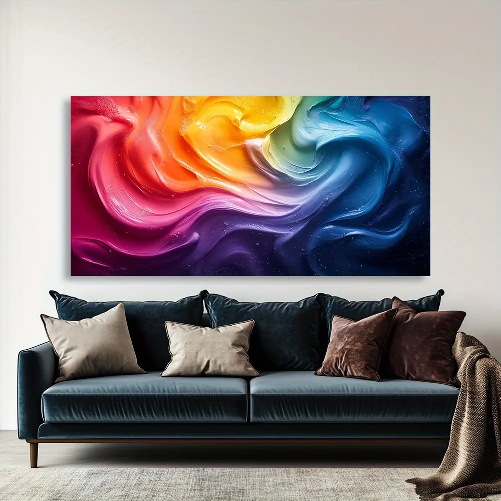 Framed Canvas Wall Art Print - Rainbow Abstract Swirls Pine Wood Frame, High-Quality Multi-Size Living Room Decor, 20x40x0.75inch(50x100x1.9cm) Office Art Piece