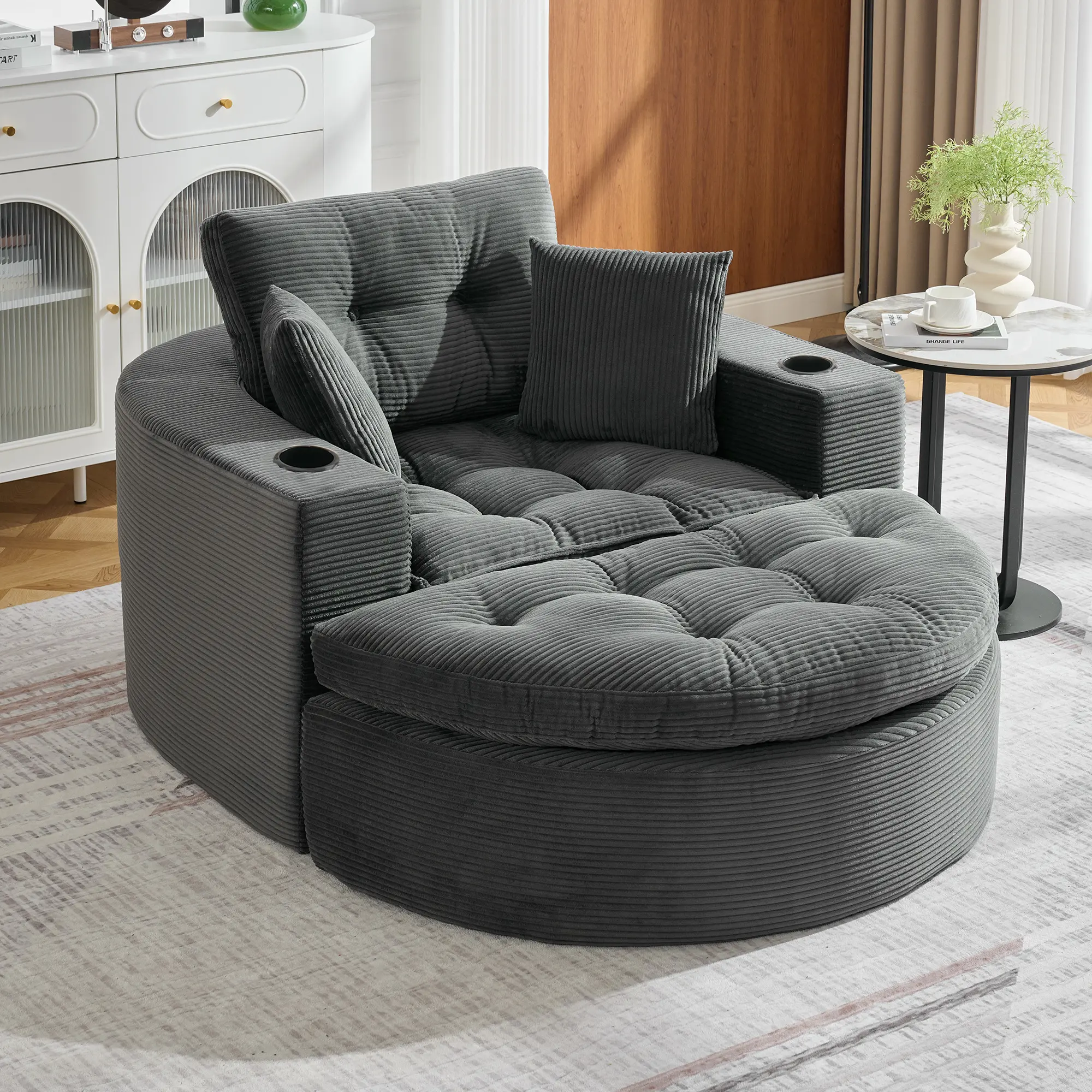 Oversized Round Chaise Lounge Sofa, Upholstered Lounge Chair with 3 Pillows, Boneless Sofa Couch with Ottoman, Deep Seat Chair for Living Room, Bedroom, No Assembly，Dark Gray