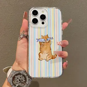 Trendy Magnetic Case for iPhone11/12/13/14/15/16/17/promax, Cat with Fish Glasses Colorful Striped Ultra Slim, MagSafe Support, Shockproof | Playful & Fun Style