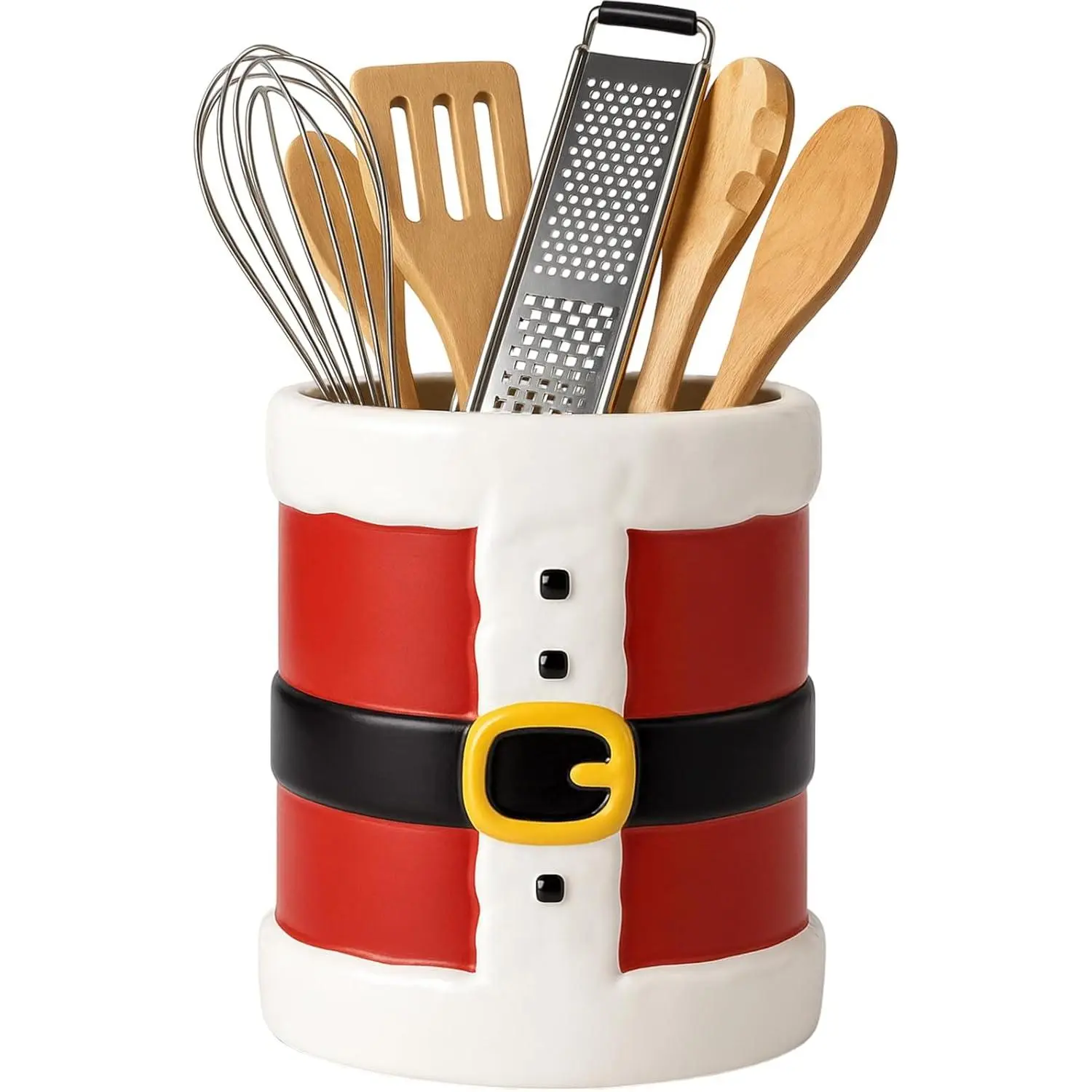 1 Pcs Ceramic Christmas Utensil Holder Kitchen Santa Decor for Holiday Kitchen Indoor Home Countertop Decoration, 6.3'h x 5.1'd Red White