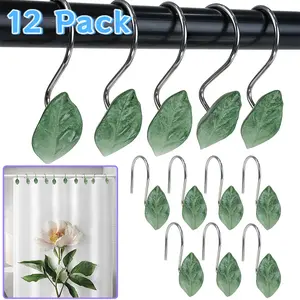 12PCS Decorative Shower Curtain Hooks & Rust-Resistant Stainless Steel Bathroom Hooks for Curtains, Towels, Clothing - Decorative Hangers for Home & Hotel Use, Leaves-Shaped