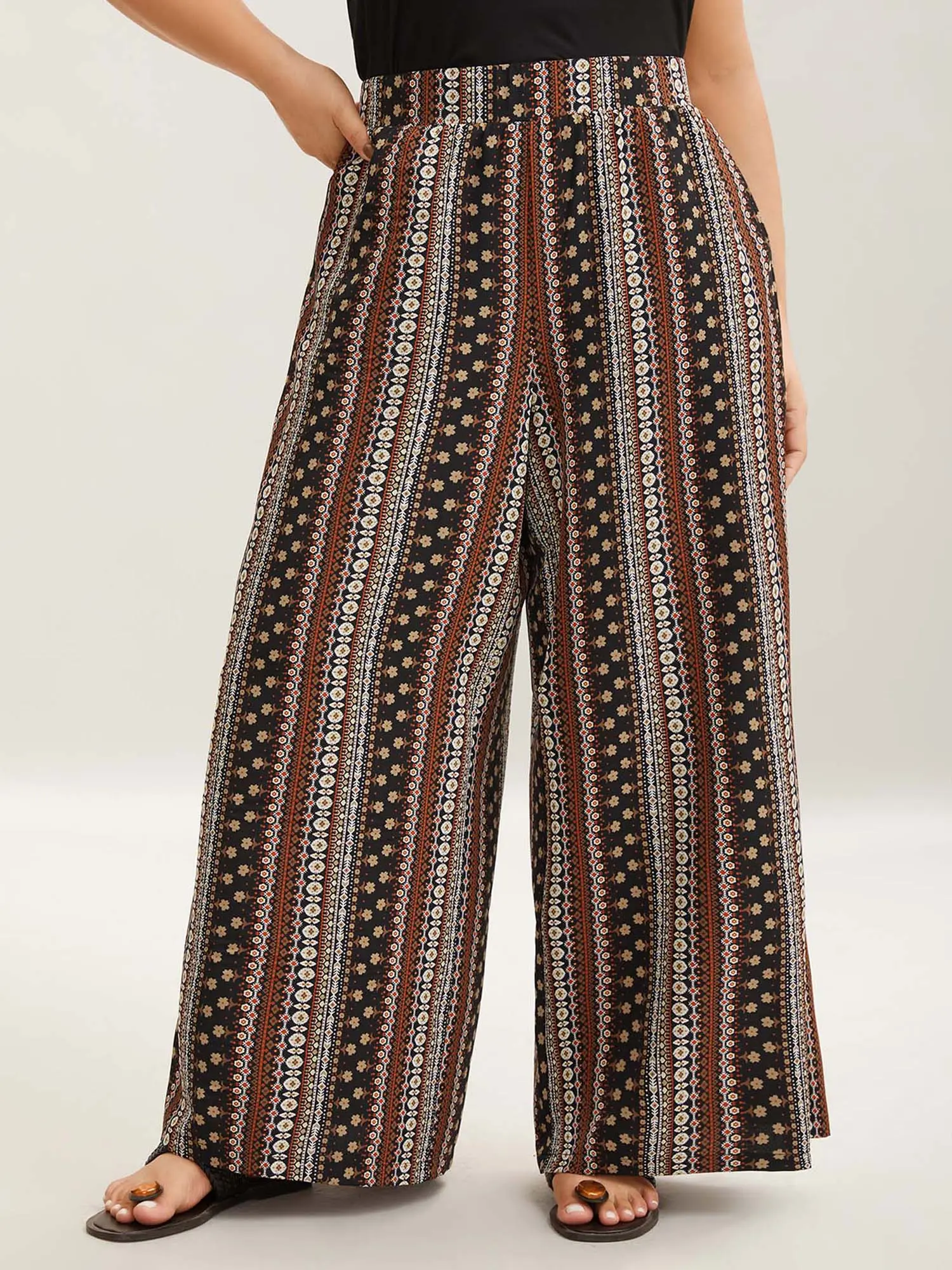 BLOOMCHIC Women's Curvy Boho Geometric Print Wide-Leg Pants - Chic Curve Pants, Lightweight Woven Spandex Fabric, Pockets, Brown Coffee, Ethnic Style, M-6X Summer Bottoms,Plus Size Fashion, Women's Plus Size Clothing,summerwins,vacationoutf Bohemian Loose