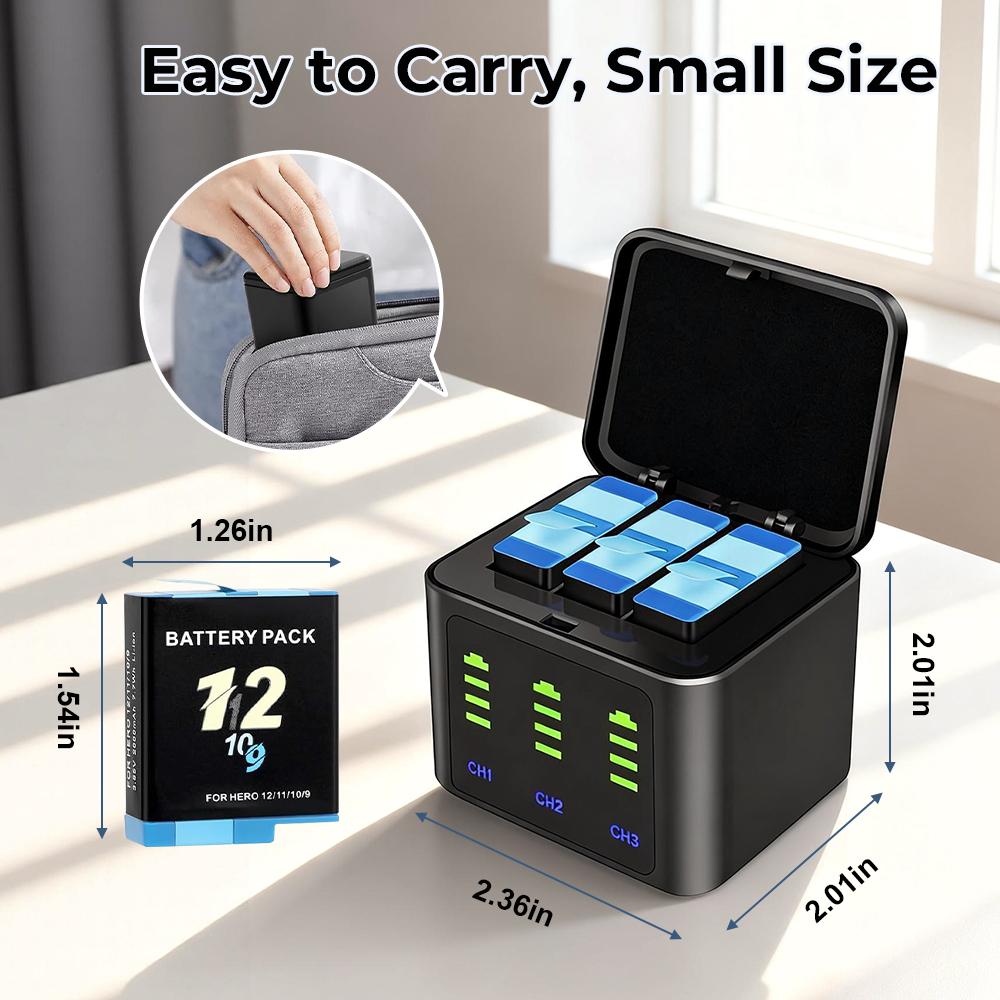 2000mAh Batteries for GoPro Hero 12 with 3 Channel Battery Charging Station Compatible with GoPro Hero 12, 11, 10, 9 Black Camera (2 Batteries & 1 Charger)
