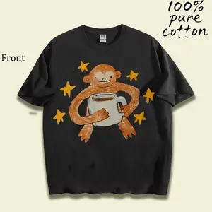 Star Monkey UnisexT-Shirt – Distressed Colorful Graphic Tee,  Cotton Shirt, Natural Theme Streetwear, Oversized Casual Crewneck Short Sleeve Top for Men & Women, Trendy Everyday Urban Outfit