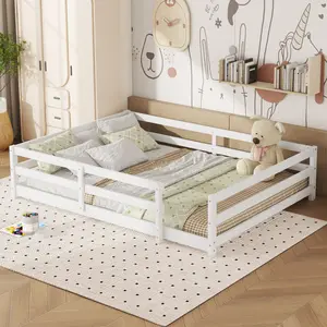Full Size Bed Frame, Full Floor Bed with Fence, Wood Floor Bed for Bedroom, White