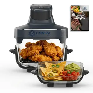 OMNIRA CO 6-in-1 Glass Air Fryer Combo, 1500W High Power Countertop Oven with 2.6Qt & 4.7Qt Interchangeable Glass Bowls, Non-Toxic Ceramic Crisper, LED Display, Easy Clean, Iron Blue