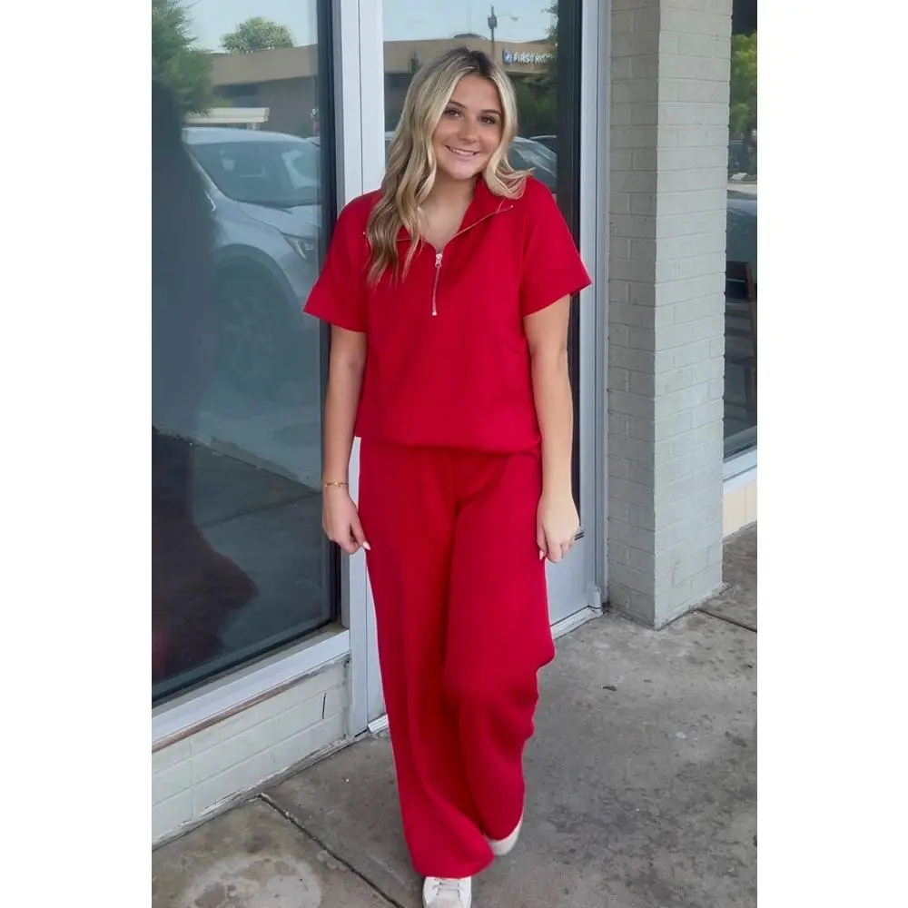 Women's 2-Piece Chic Scuba Set, Short-Sleeve Half-Zip Top, Smooth Elastic Sporty Matching Pants, Comfortable, Fabric