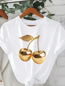 Women's Casual Loose-Fit Round Neck T-Shirt, Tee, Gold Cherry Print, Thin Fabric, Perfect for Everyday Wear & Outdoor Activities