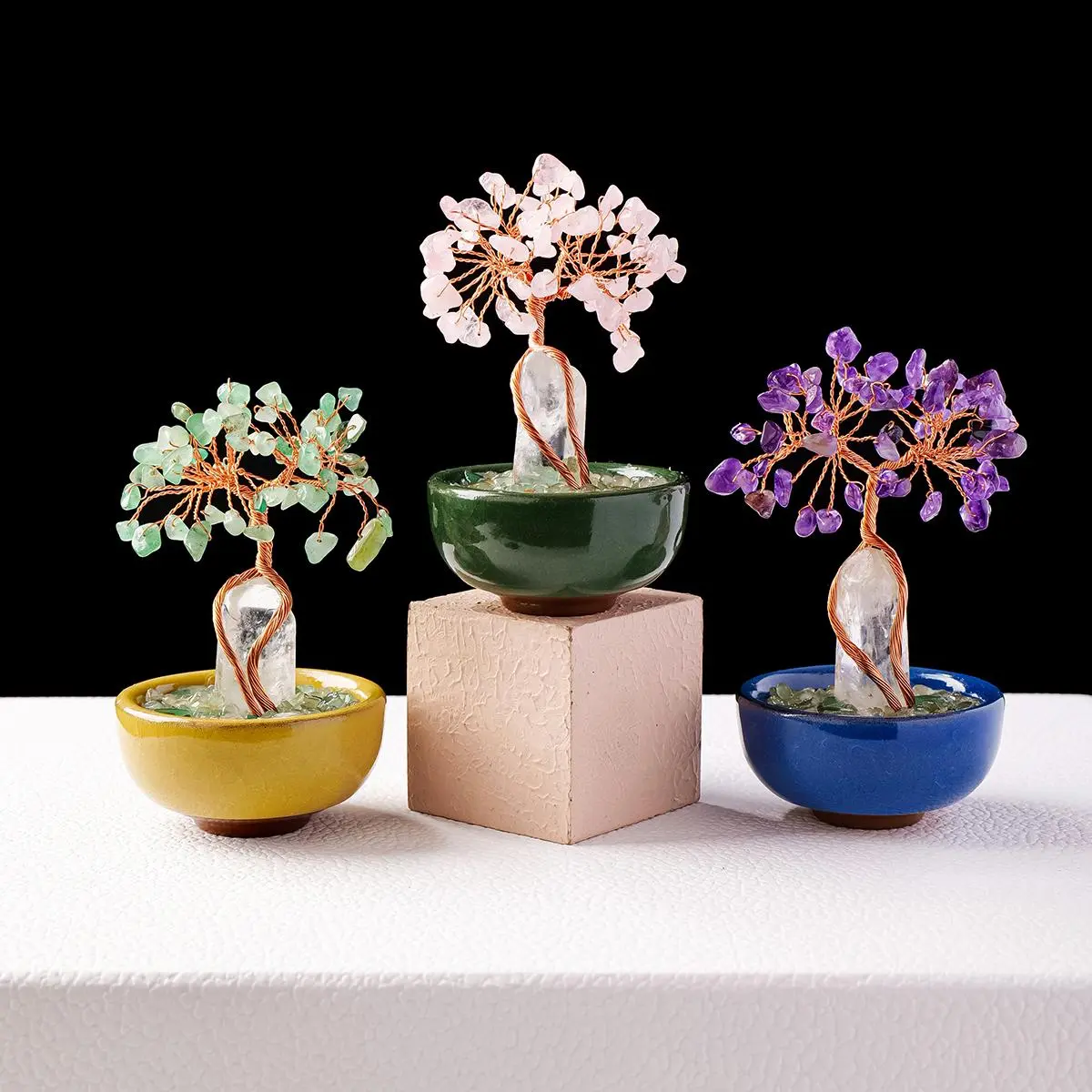 Natural Crystal White Point Tree, 1 Count Energy Stone Money Tree, Copper Wire Wrapped Colorful Teabowl Yoga Feng Shui Trees, Home Decor, Amethyst