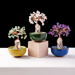 Natural Crystal White Point Tree, 1 Count Energy Stone Money Tree, Copper Wire Wrapped Colorful Teabowl Yoga Feng Shui Trees, Home Decor, Amethyst