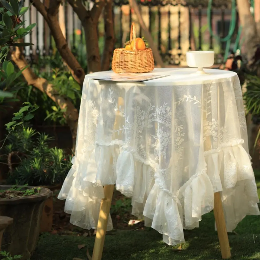 Floral Embroidery Tablecloth, 1 Count Boho Style Tablecloth with Lace Trim, Table Decoration Supplies for Home Kitchen Dining Room Outdoor