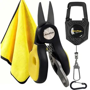 Titanium-Coated Fishing Line Cutter Saltwater Set, Fishing Scissors for Braided Line with Retractable Zinger & Thick Microfiber Towel, One-Hand Operation Anti-Rust Compact Braid Scissors