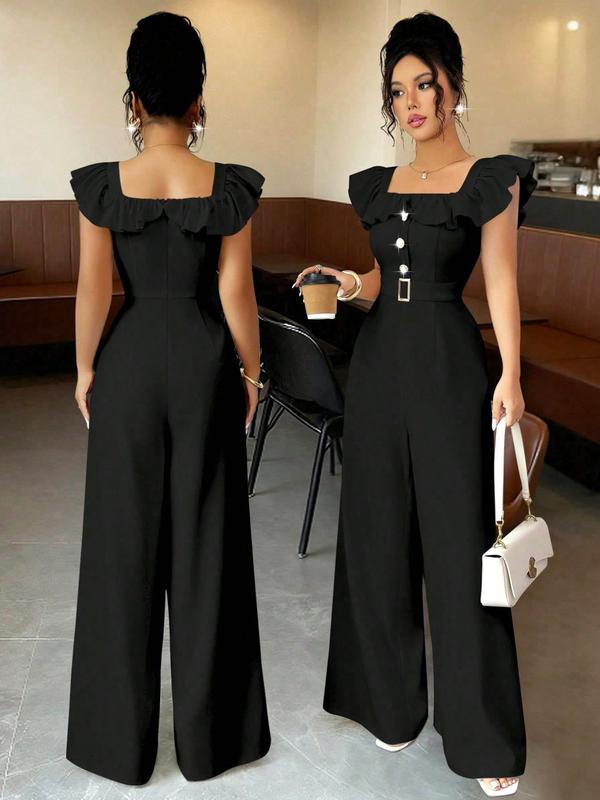New Women's Square Neck Ruffle Mock Front Belted Button Pants, Casual Fitted Long Pants for Spring & Fall, Elegant Commuter Wear Jumpsuit