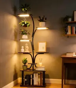 Plant Stand Indoor with Grow Light 62" Tall Corner Shelf 8-Tier S-Shaped Display for Potted Plants Herbs Succulents Black Modern Style Space-Saving