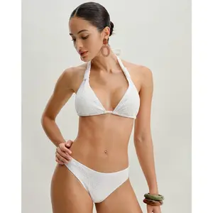 Rihoas Women's White Textured Polyester 2-Piece Bikini Set - Halter Front, Plunging Triangle Top, Strappy Back, Drawstring Closure, Natural Waist, Removable Cups, Swimwear Outfit, Strappy-Back Bikinis Set