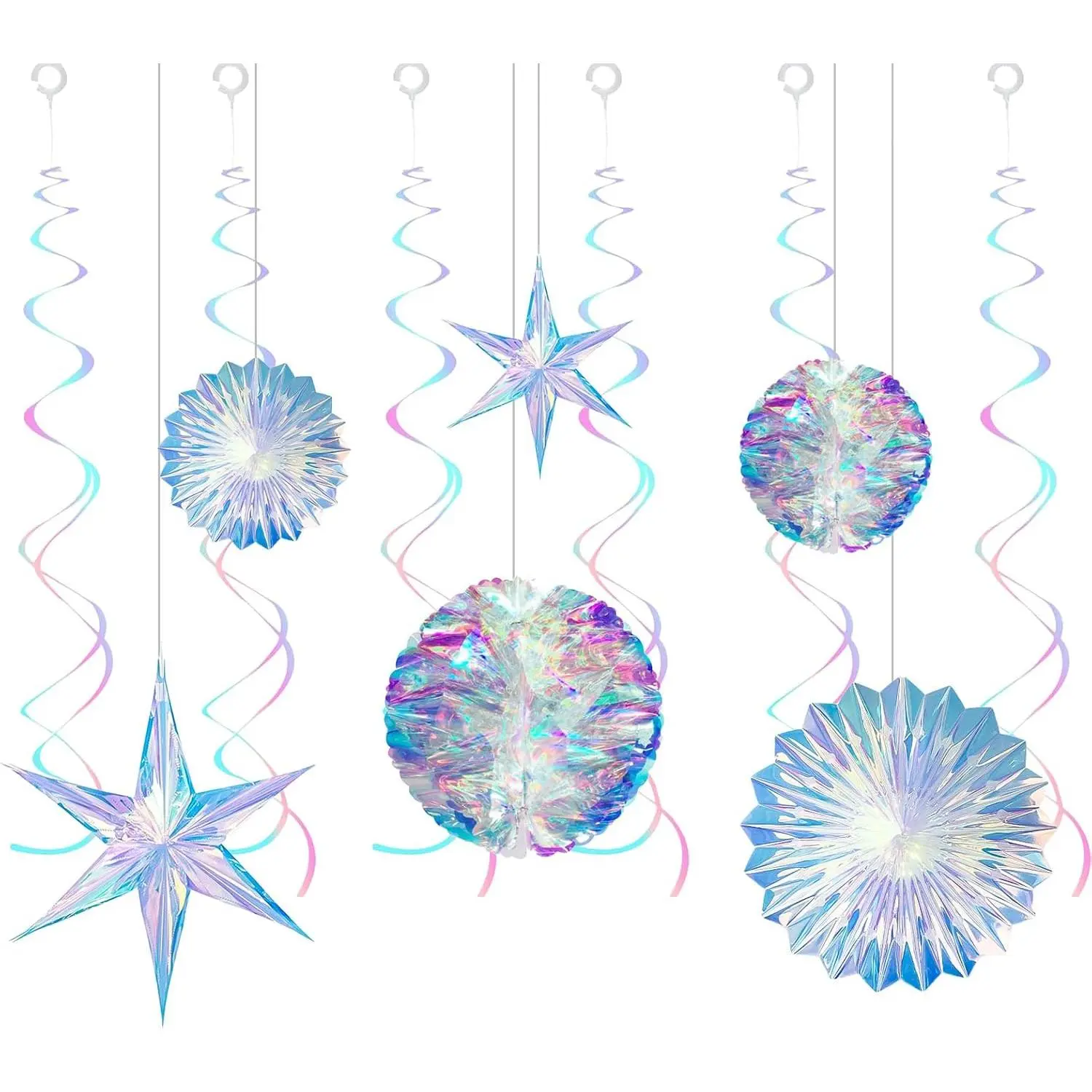 12-Piece Lightweight Iridescent Festive Ornaments Set - Hanging Honeycomb, Foil Fan, Shiny Star, Rainbow Swirl Decor with Colorful Light Effects, Wreath, Wall Mount for Wedding, Room Party Supplies, Decoration