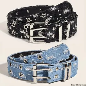 1Pc Y2K Star Hollowed Waist Belt, Blue Denim Girdle with Punk Pin Buckle, Luxury Fashion HipHop Accessories for Men and Women