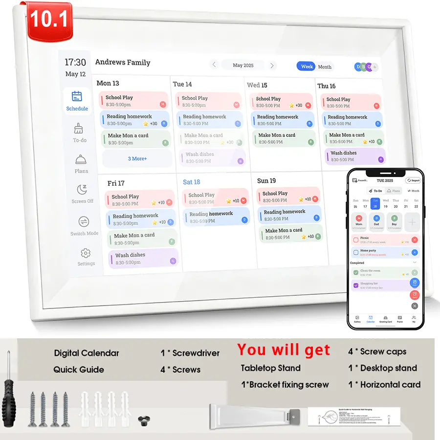 Smart Electronic Digital Calendar Wall, 10.1/15.6In Full HD Interactive Touchscreen, Home Planner, Wall-Desk Mountable Family Schedule & Office Chore Organizer, Smart Electronic Calendar Calender