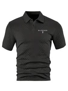 Men's Fashion Polo Shirt with Blessed Cross Print, Breathable Textured Fabric, Casual Wear for Daily Commute, Business Leisure, Weekend Outing, Trendy Casual
