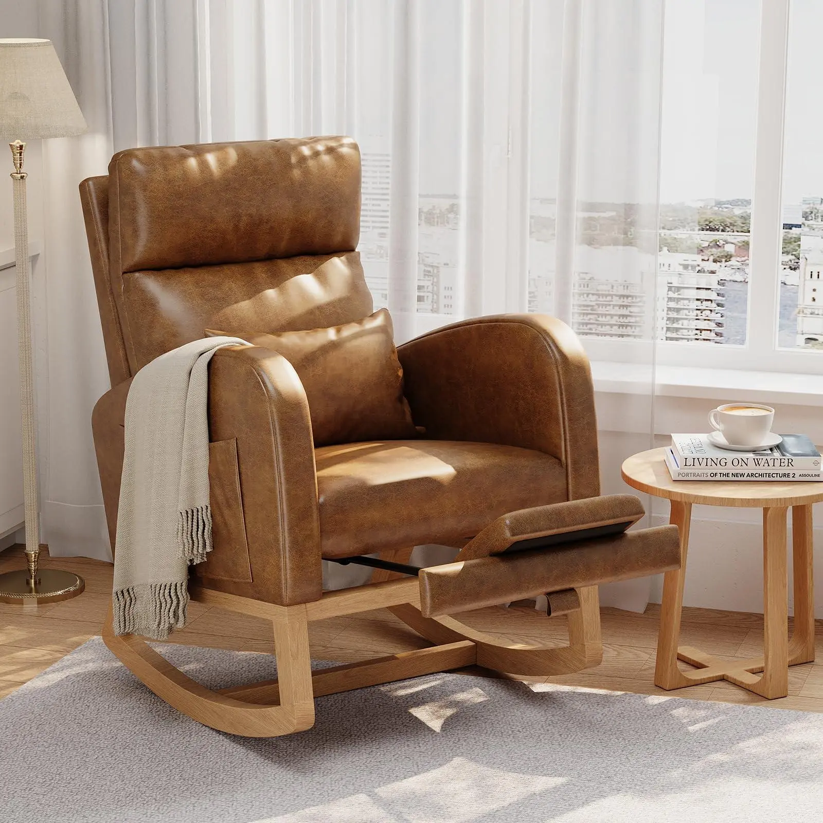 GAOMON Rocking Chair, Nursery Glider Chair with Footrest, Orange | Modern PU Leather Rocking Chair with Side Pocket and Pillow, Rocker Chair for Living Room Bedroom Nursing Room