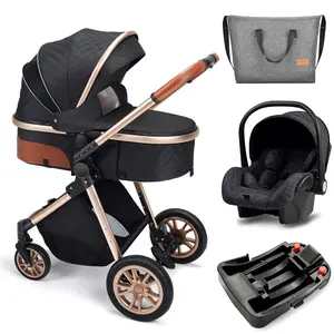 Luxury 3-in-1 High Landscape Baby Stroller Folding Pushchair with Reversible Seat Vista Pram for Comfortable Travel（with base）