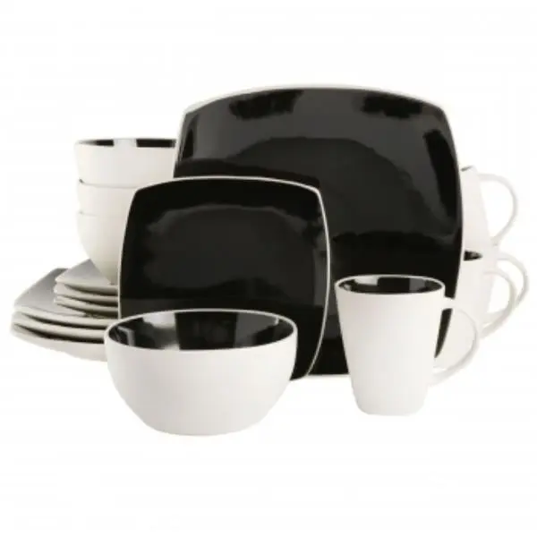 Gibson Elite 131784.16R Soho Lounge 16-Piece Solid Black/White Stoneware Tableware Set - Matte White Exterior, Bold Glossy Black Accent, Dishwasher Safe for Everyday & Party Use