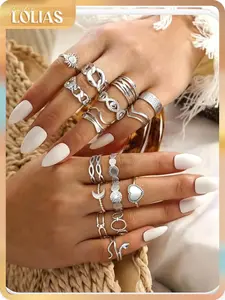 LOLIAS 16Pcs Stackable Stainless Steel Rings for Women Chunky Silver Rings Non Tarnish Ring Open Adjustable Thumb Finger Statement Ring Set Accessories Gifts for Women Girlfriend