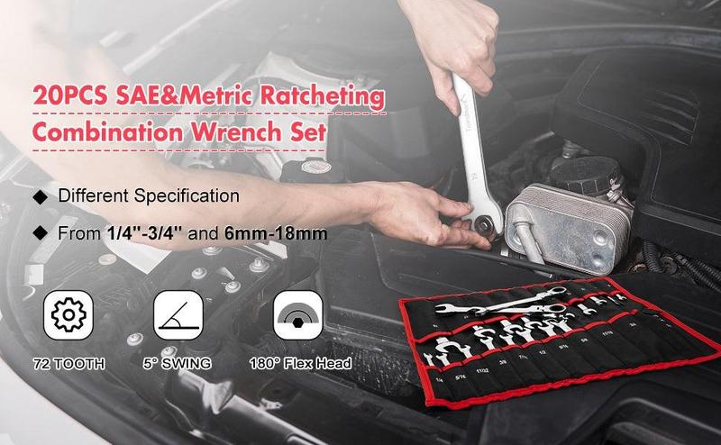 【Restock Sale】GARVEE Ratcheting Wrench Set 20 PCS SAE 1/4"-3/4", Metric 6-19mm, Flex Head 72-Tooth, Chrome Vanadium Steel, Includes Storage Bag