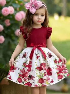 Girls' Wine Butterfly Print Dress, Garden Atmosphere Princess Dress, Elegant and Charming Design, Perfect for Special Occasions, Bow Dress, Flower Dress
