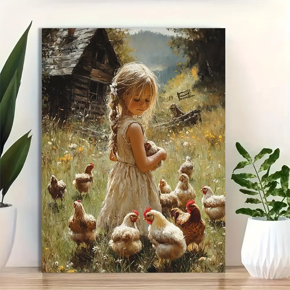 1 pc 12×16 in Framed Canvas Art - Cute Vintage Cottage Girl with Chickens, Country Rustic Farmhouse Decor, Warm Pastoral 2D Flat Wall Art for Living Room, Bedroom