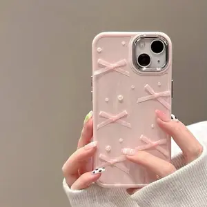 Cute pink iPhone case with pearls and bows
