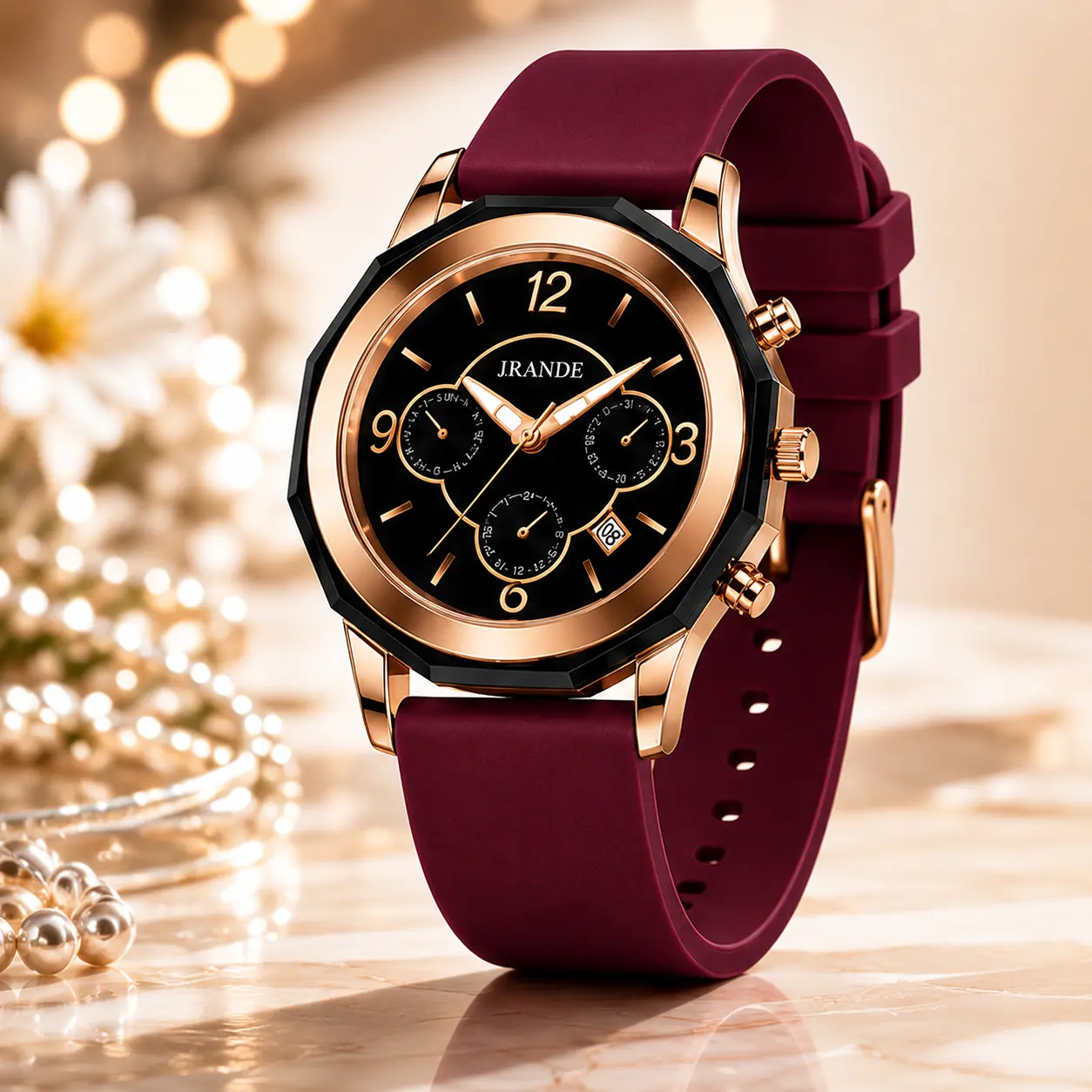 Women’s 42mm Octagonal Quartz Watch, Rose Gold & Black Multi-Dial, Burgundy Silicone Strap, Luminous, 30M Water Resistant, Gift for Her