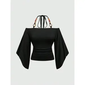 Retro oversized off shoulder wooden bead decoration eye-catching sleeve women's T-shirt, black top(Sheet)