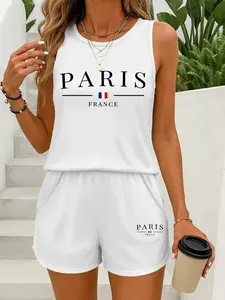 Women's Summer 2-Piece Casual Shorts Set, French Paris Theme Letter Flag Print French Flag Tricolor French Retro Style Solid Color Sleeveless Top Hot Pants Set, Comfortable Beach Vacation Wear, Ideal Choice for Summer Wear and Outdoor Activities