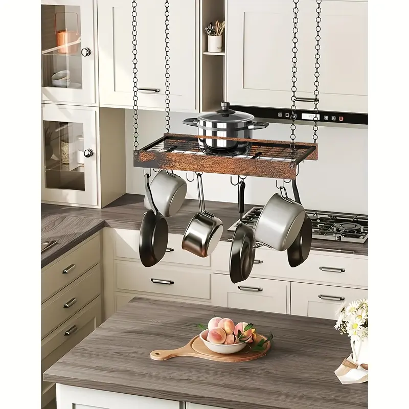 Floating Pot Rack For Kitchen Island, 24 × 13 × 2.4 In Kitchen Overhead Storage, Includes 12 S-Hooks For Hanging Pots & Pans, Space-Saving Utility Rack, Rustic Brown