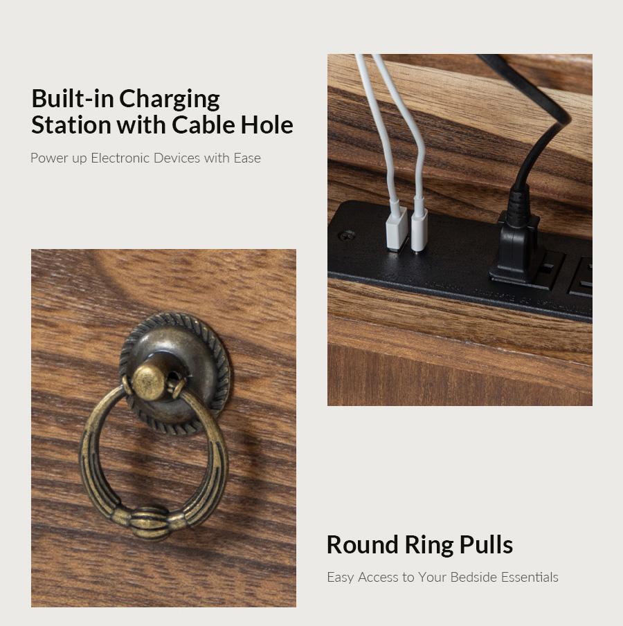 Hulala Joah 28"Tall Farmhouse 2-Drawer End Table with Built-in Charging, Farmhouse and Transitional Styles, Rustic Elegance, Convenient Charging Station, Round Ring Pulls, Spindle Legs with Cushioned Feet, Solid Wood Construction