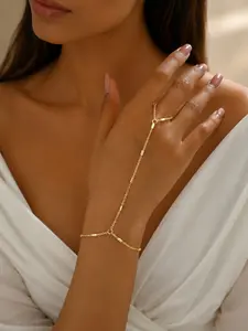 Women Gold Hand Chain Bracelet Ring, Minimalist Bar Bead Finger Bracelet Hand Jewelry for Wedding Party Daily Wear