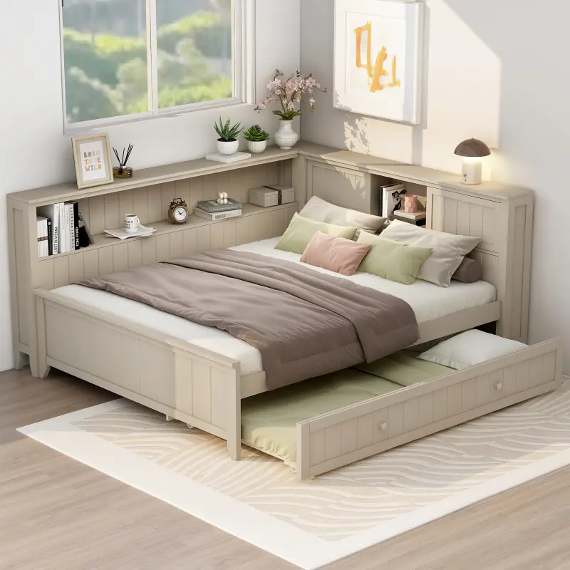 Antique White Full Size Wood Corner Daybed with L-Shaped Headboard, Twin Trundle, Storage Bookcase and Shelves