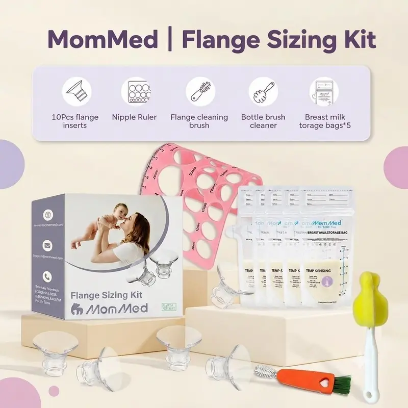 MomMed 5-in-1 Flange Sizing Kit for 24mm Breast Pumps - 10-Piece Breastfeeding & Pump Accessories, 2 Size Sets, 14mm Inserts, 1 Nipple Measurement Ruler, Multi-Use Cleaning Tool, 5 Storage Bags, Universal Compatibility, 100% Safe for Both Mom and Baby gif
