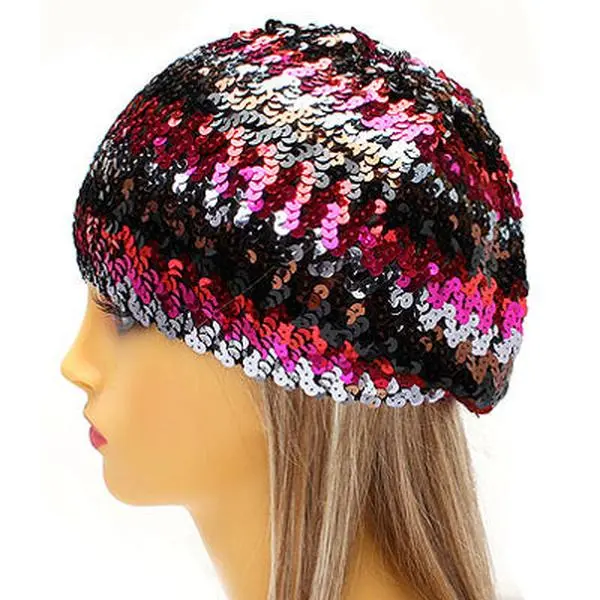 Sparkle Glitter Sequin Lightweight Fashion Beanie Hat Multi-Colored Fuchsia Pink