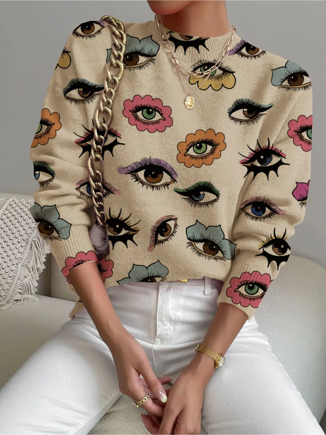 Women's Colorblock Abstract Eye Print Stand Collar Sweater, Casual Long Sleeve Knitwear for Fall Winter, Comfortable Warm Daily Wear
