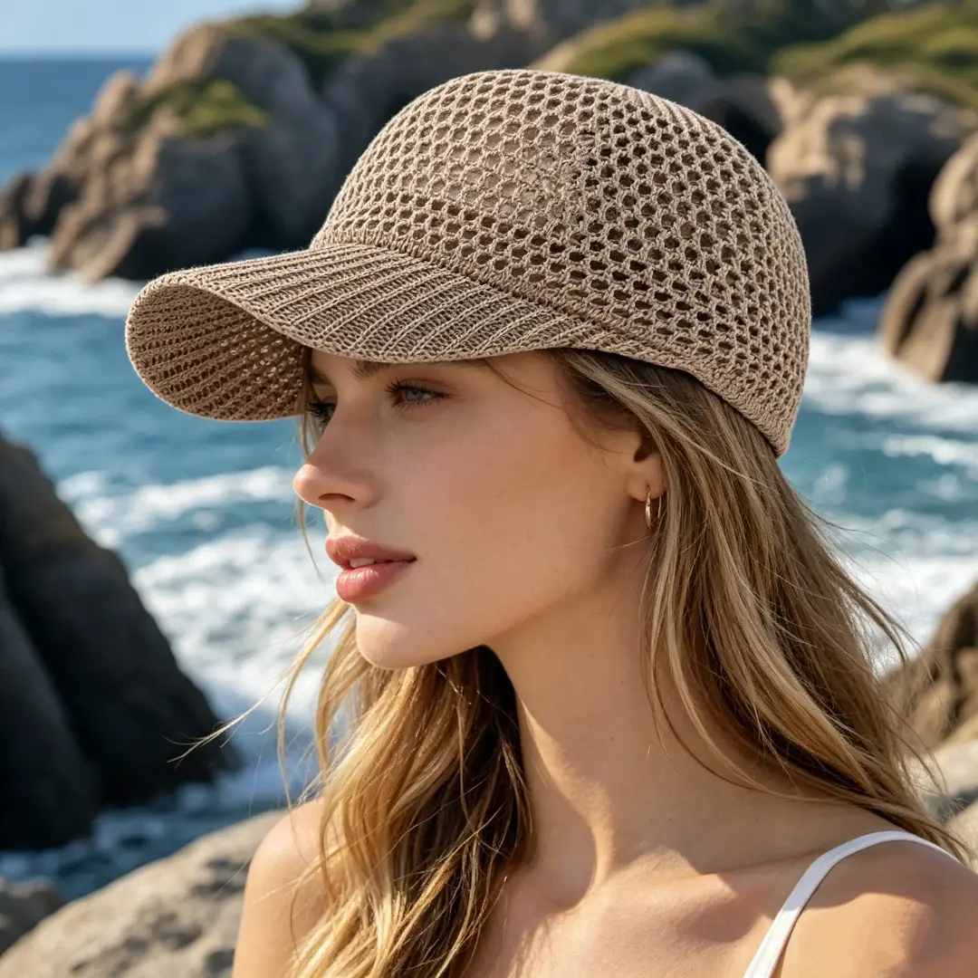 Straw Mesh Baseball Cap for Women, Bohemian Crochet Hollow Out Style, Lightweight Ponytail Sun Hat for Outdoor Travel & Beach, Casual