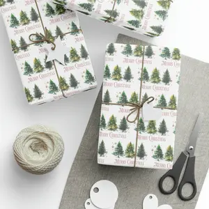 Matte Finish Vintage Water Paint Merry Christmas Trees Wrapping Papers