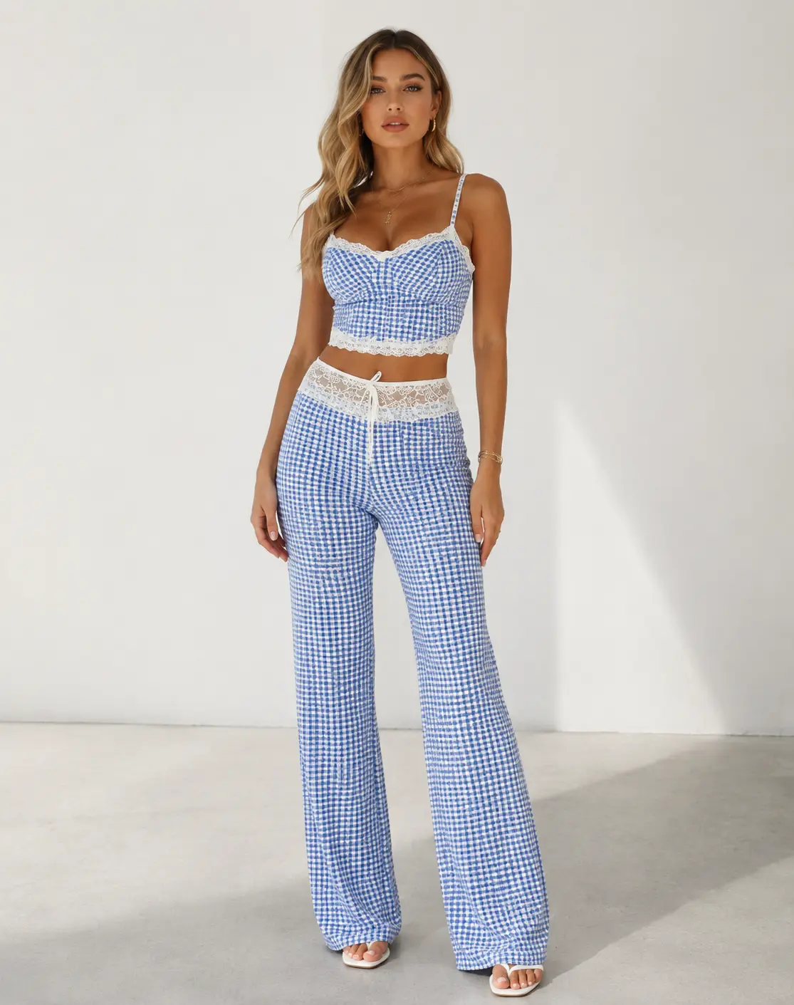 Women’s Blue White Gingham Lace Trim Cami Top and Flared Pants Set 2 Piece Pajama Lounge Set Spaghetti Strap Crop Camisole with Elastic Drawstring Waist Long Pants Soft Stretchy Curve Friendly Matching Outfit for Travel Weekend  Vacation Wear summervibes